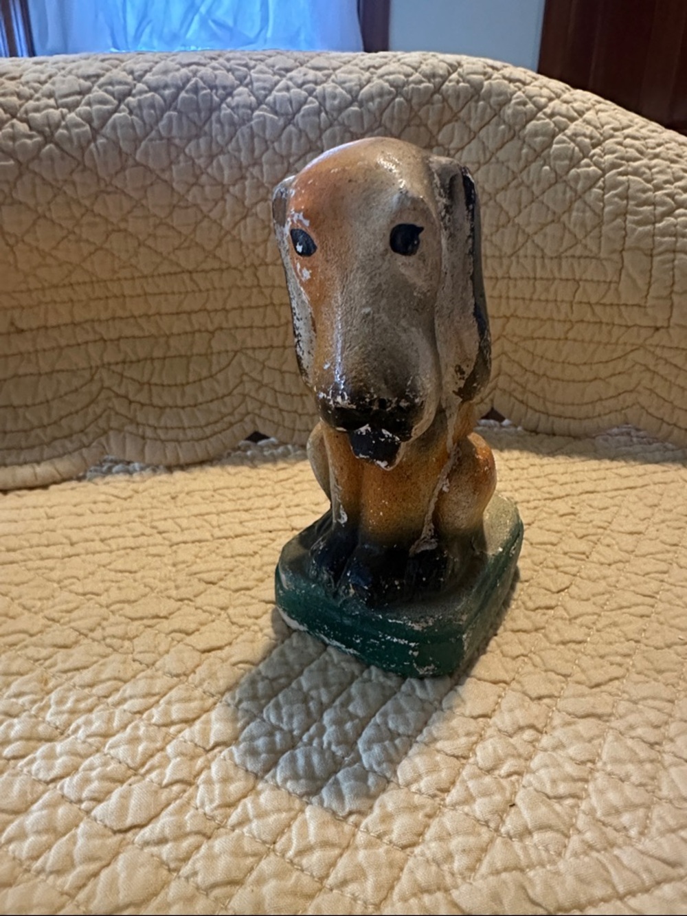Vintage Ceramic Dog Figurine in Tan and Black with Green Base
